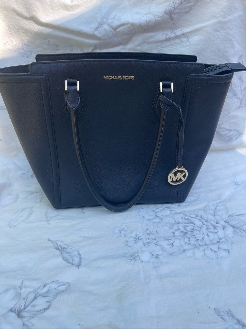 Michael Kors Navy Saffiano Leather Tote with Gold MK Charm - Picture 1 of 6